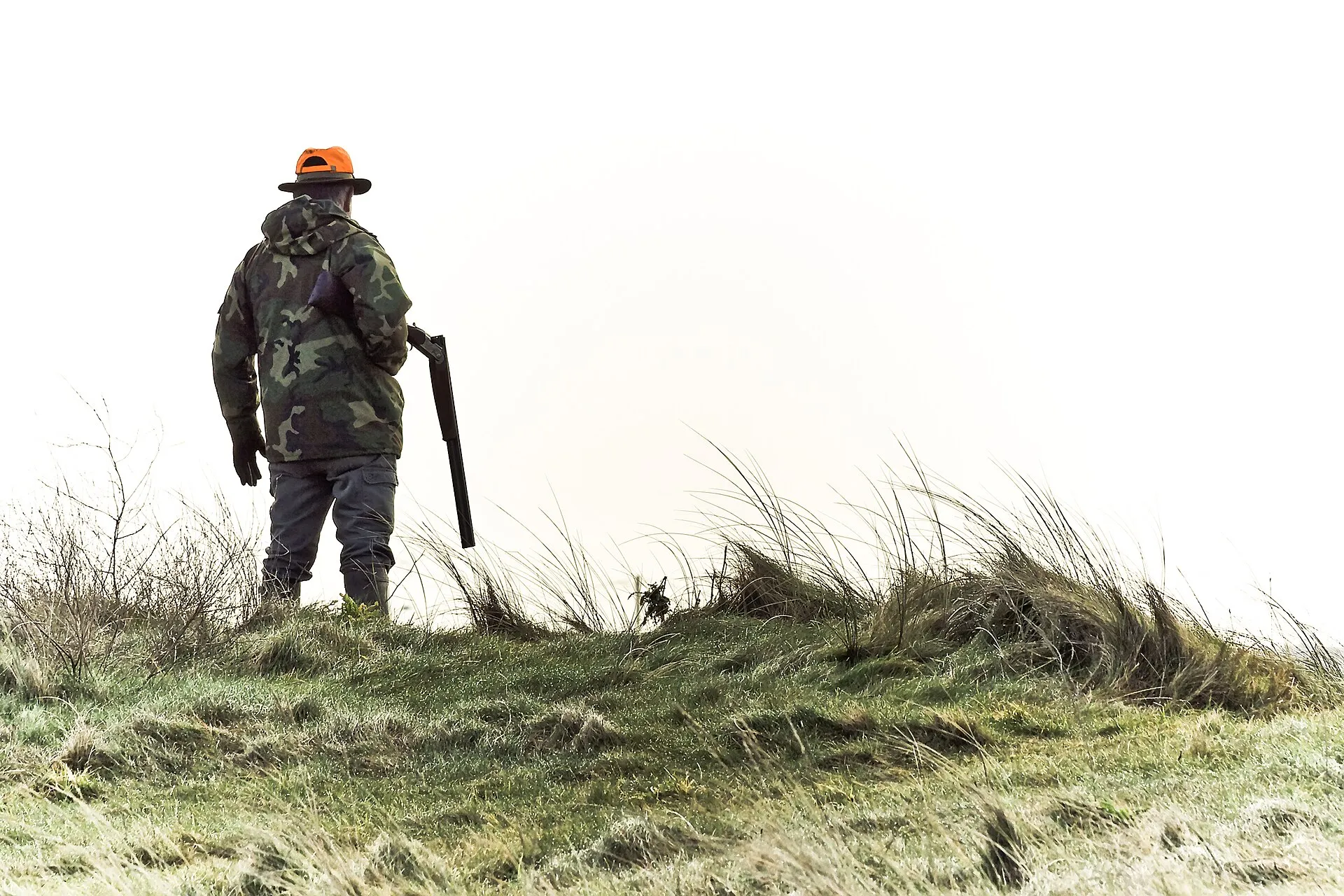 Un chasseur vu de dos, casquette orange, debout sur une dune herbeuse face à un ciel blanc.